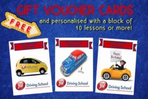 JSF driving lesson gift voucher cards in 3 styles - modern, vintage & monkey